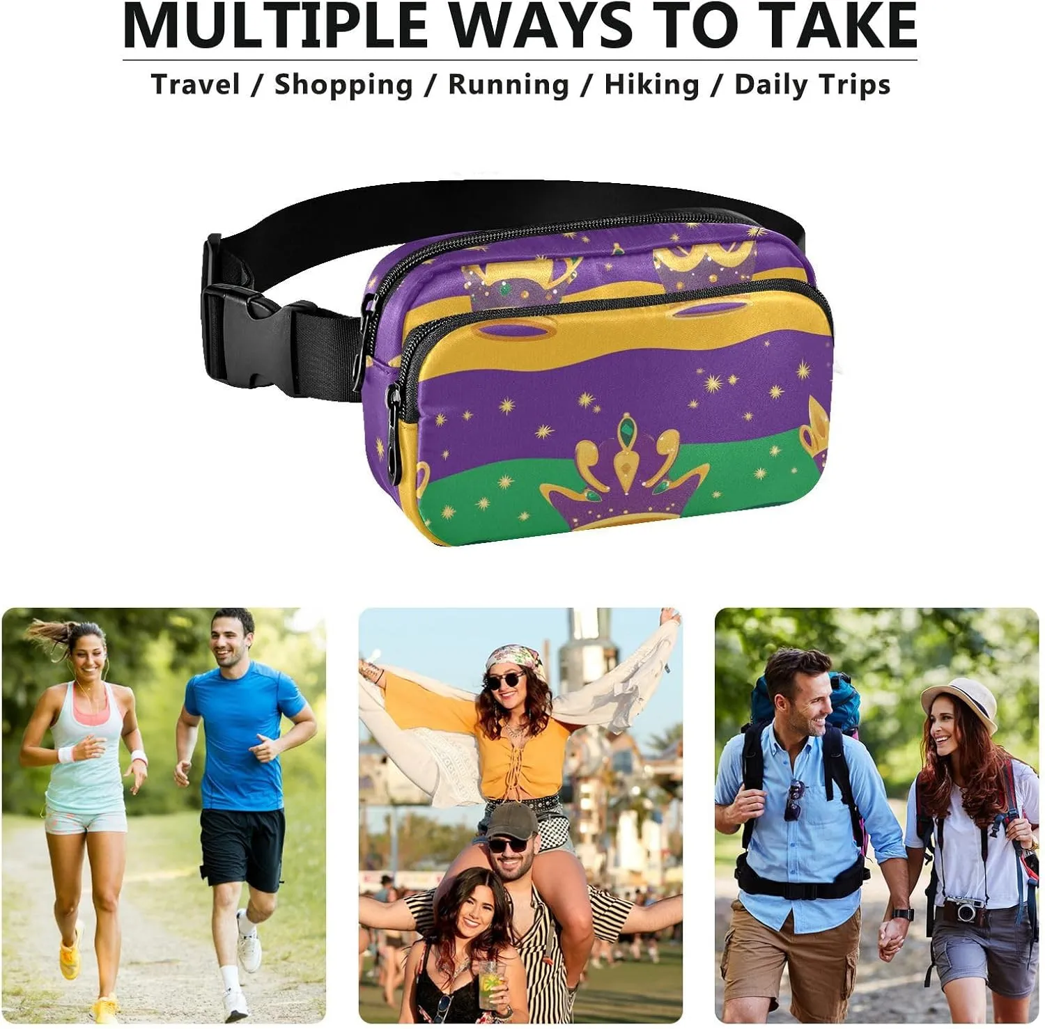 Fashion Fanny Waist Pack Mardi Gras Carnival Crowns Tie Feather Men Women Mini Sling Chest Bag with Adjustable Strap Crossbody Sport Bags for Travel Shopping Running