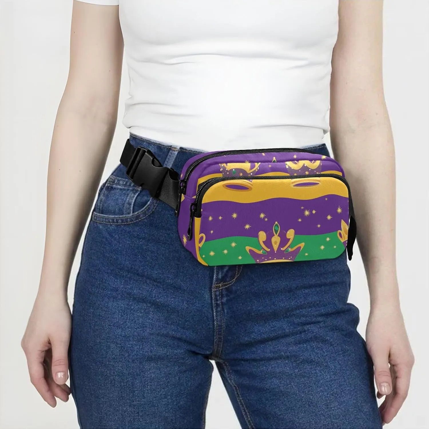 Fashion Fanny Waist Pack Mardi Gras Carnival Crowns Tie Feather Men Women Mini Sling Chest Bag with Adjustable Strap Crossbody Sport Bags for Travel Shopping Running