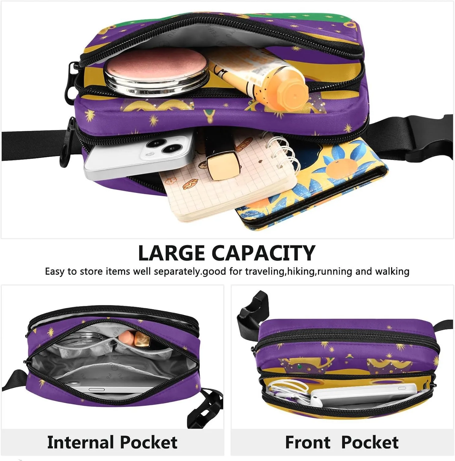 Fashion Fanny Waist Pack Mardi Gras Carnival Crowns Tie Feather Men Women Mini Sling Chest Bag with Adjustable Strap Crossbody Sport Bags for Travel Shopping Running