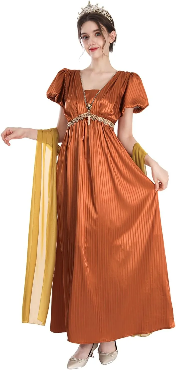 FCCAM Regency Dresses for Women Empire Waist 1800s Victorian Dress Ball Gown with Shawl