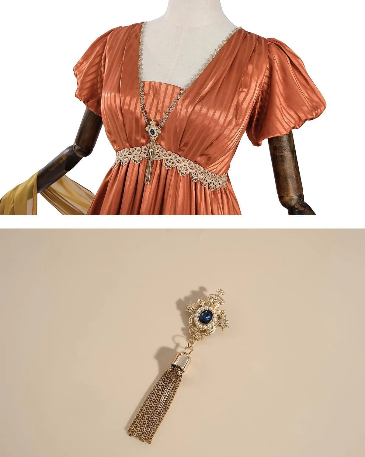 FCCAM Regency Dresses for Women Empire Waist 1800s Victorian Dress Ball Gown with Shawl