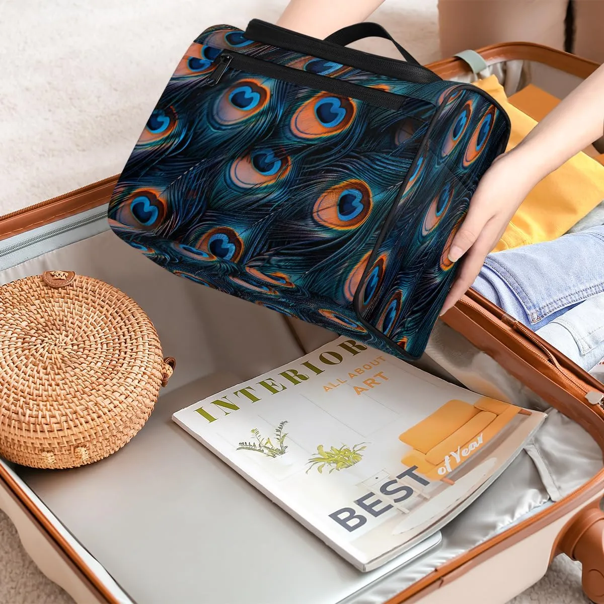 Feather Peacock Travel Toiletry Bag for Women Large Capacity Wide-open Makeup Organizer Cosmetic Travel Bags for Toiletries