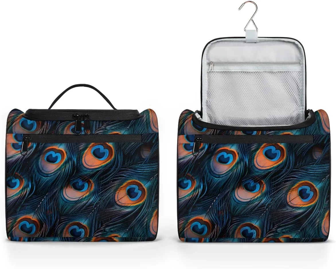 Feather Peacock Travel Toiletry Bag for Women Large Capacity Wide-open Makeup Organizer Cosmetic Travel Bags for Toiletries