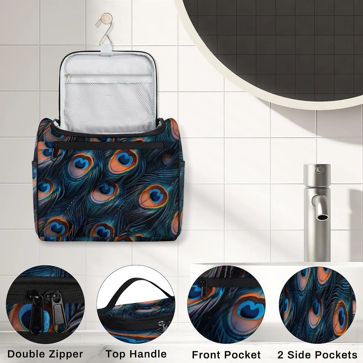 Feather Peacock Travel Toiletry Bag for Women Large Capacity Wide-open Makeup Organizer Cosmetic Travel Bags for Toiletries