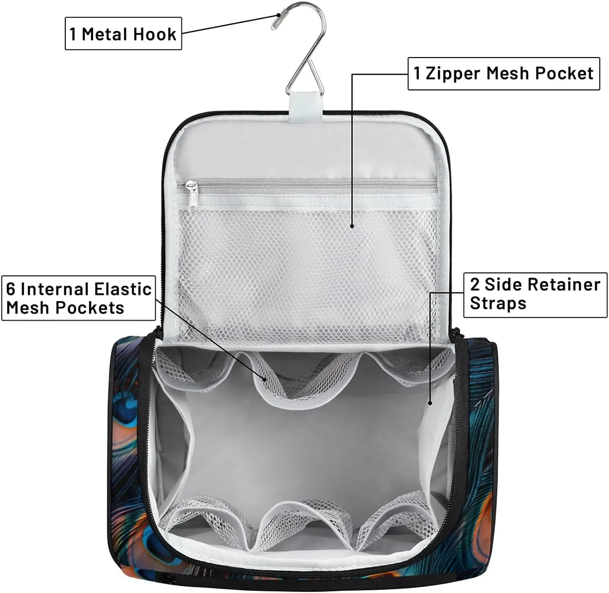 Feather Peacock Travel Toiletry Bag for Women Large Capacity Wide-open Makeup Organizer Cosmetic Travel Bags for Toiletries