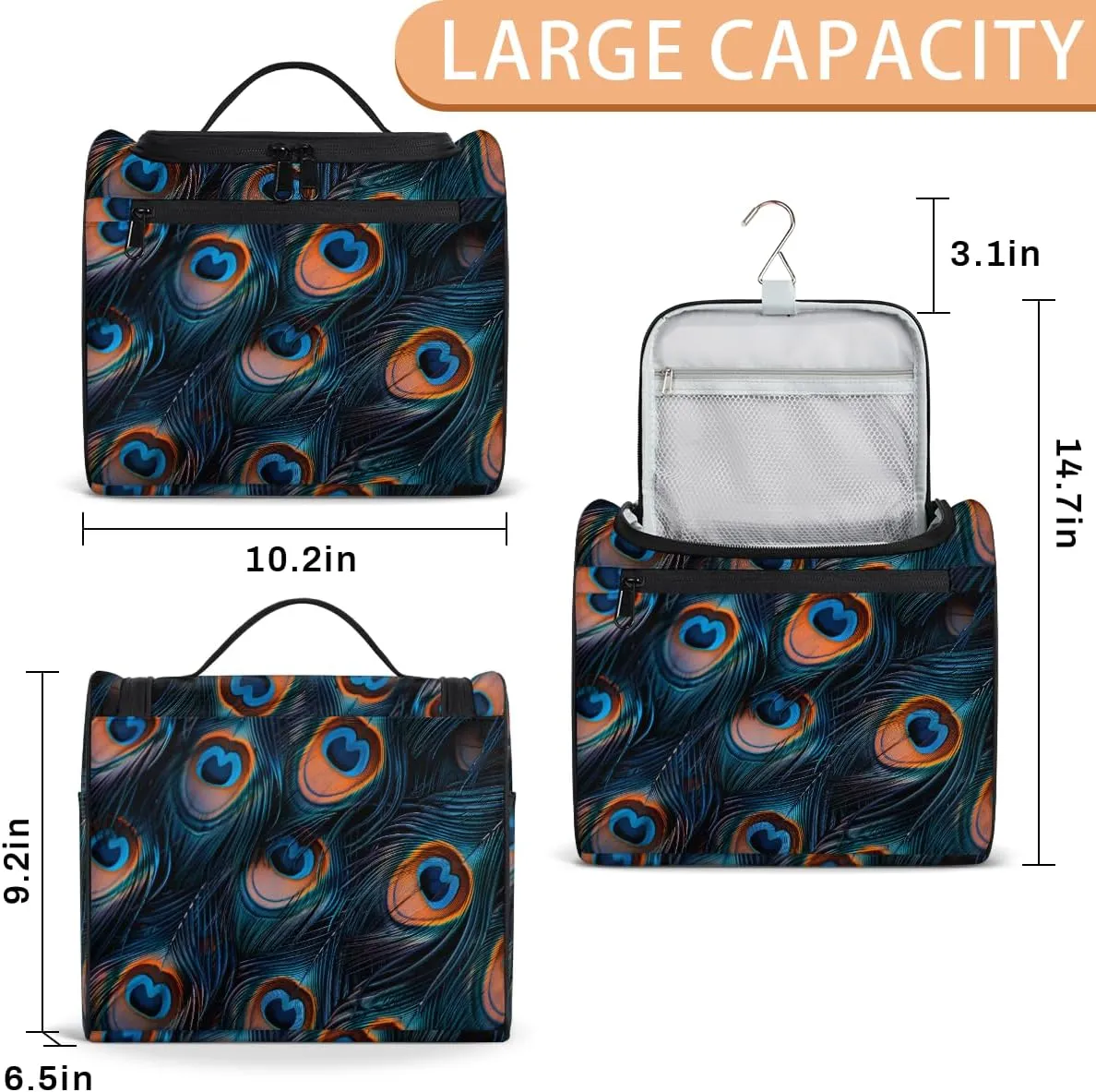 Feather Peacock Travel Toiletry Bag for Women Large Capacity Wide-open Makeup Organizer Cosmetic Travel Bags for Toiletries