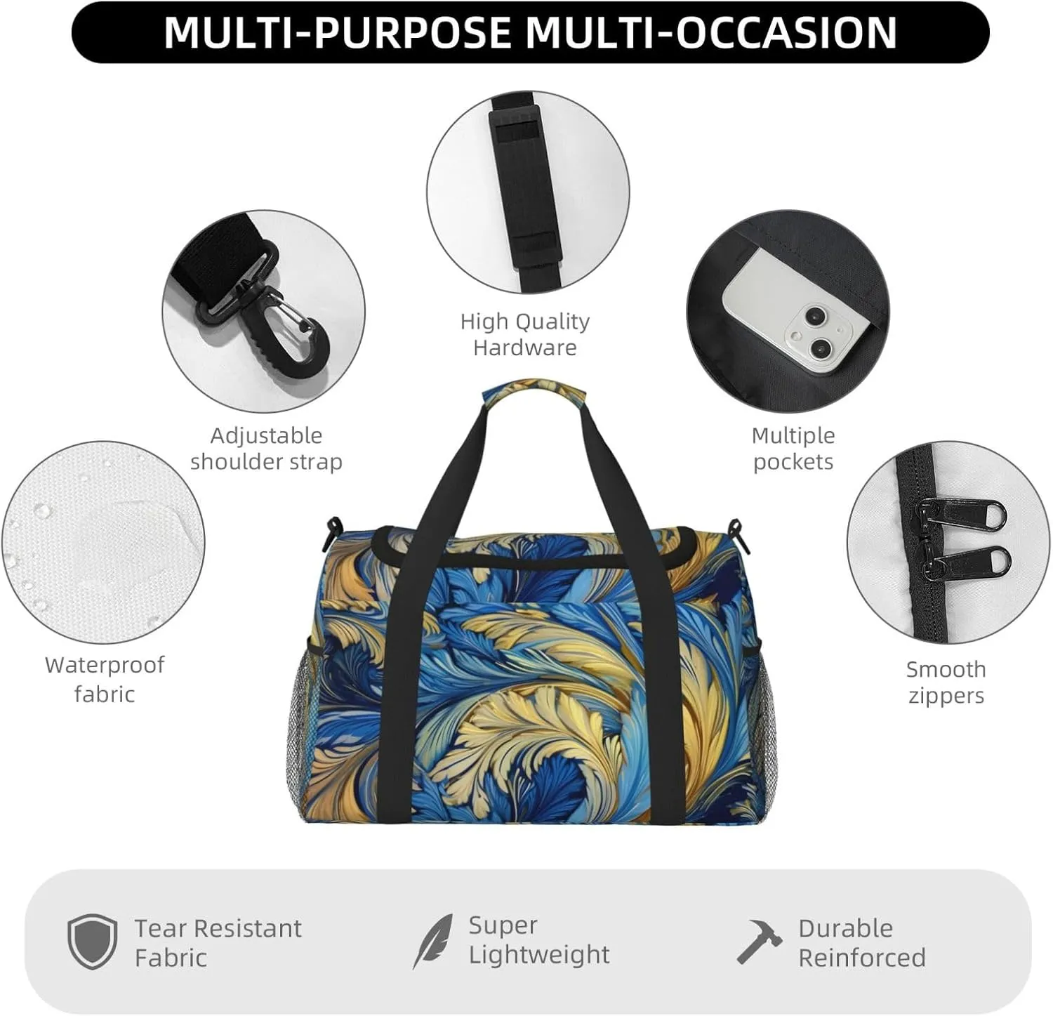 Feather Yellow Blue Duffle Bag Foldable Travel Tote Bag Carry On Large Weekender Overnight Bags Waterproof Gym Bag For Women Men