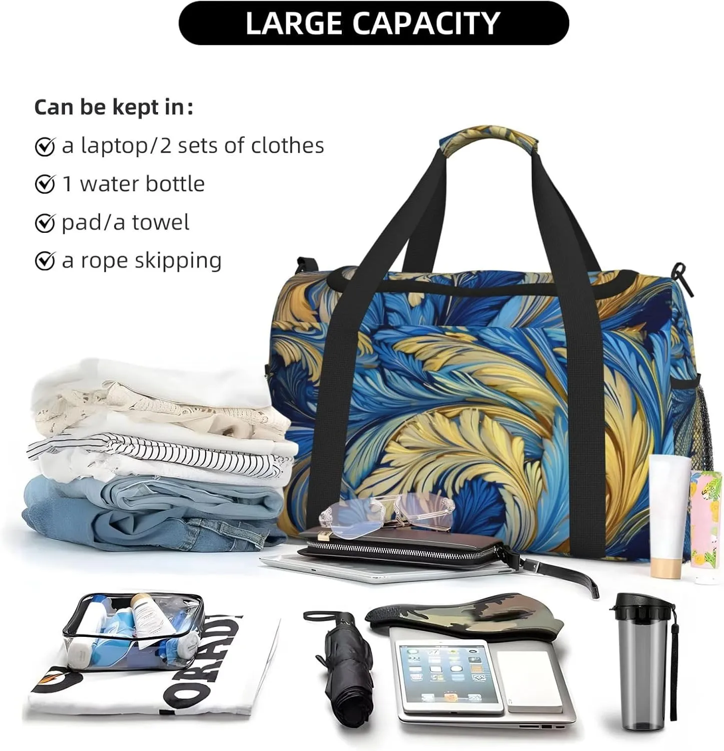 Feather Yellow Blue Duffle Bag Foldable Travel Tote Bag Carry On Large Weekender Overnight Bags Waterproof Gym Bag For Women Men