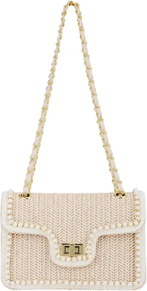 Fecialy Straw Crossbody Bags for Women Summer Straw Beach with Pearls Raffia Shoulder Handbags