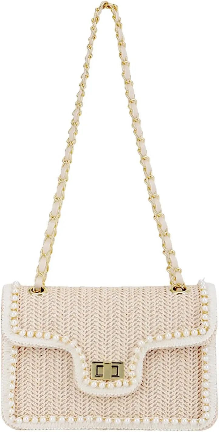 Fecialy Straw Crossbody Bags for Women Summer Straw Beach with Pearls Raffia Shoulder Handbags