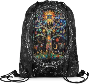 Feelyou Boho Exotic Tree Gym String Bag Bohemian Life Tree Drawstring Backpack Sun Moon Drawstring Bags for Women Men Galaxy Astrology Space Waterproof Cinch Bag Size