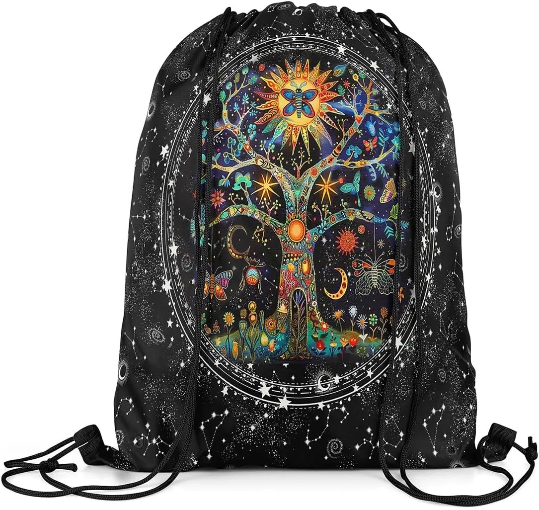 Feelyou Boho Exotic Tree Gym String Bag Bohemian Life Tree Drawstring Backpack Sun Moon Drawstring Bags for Women Men Galaxy Astrology Space Waterproof Cinch Bag Size
