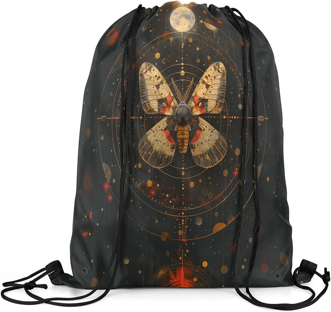 Feelyou Butterfly Gym String Bag Set Boho Moth Drawstring Backpack Gold Dots Moon Sports Drawstring Sackpack Boho Exotic Moon Star Drawstring Bags