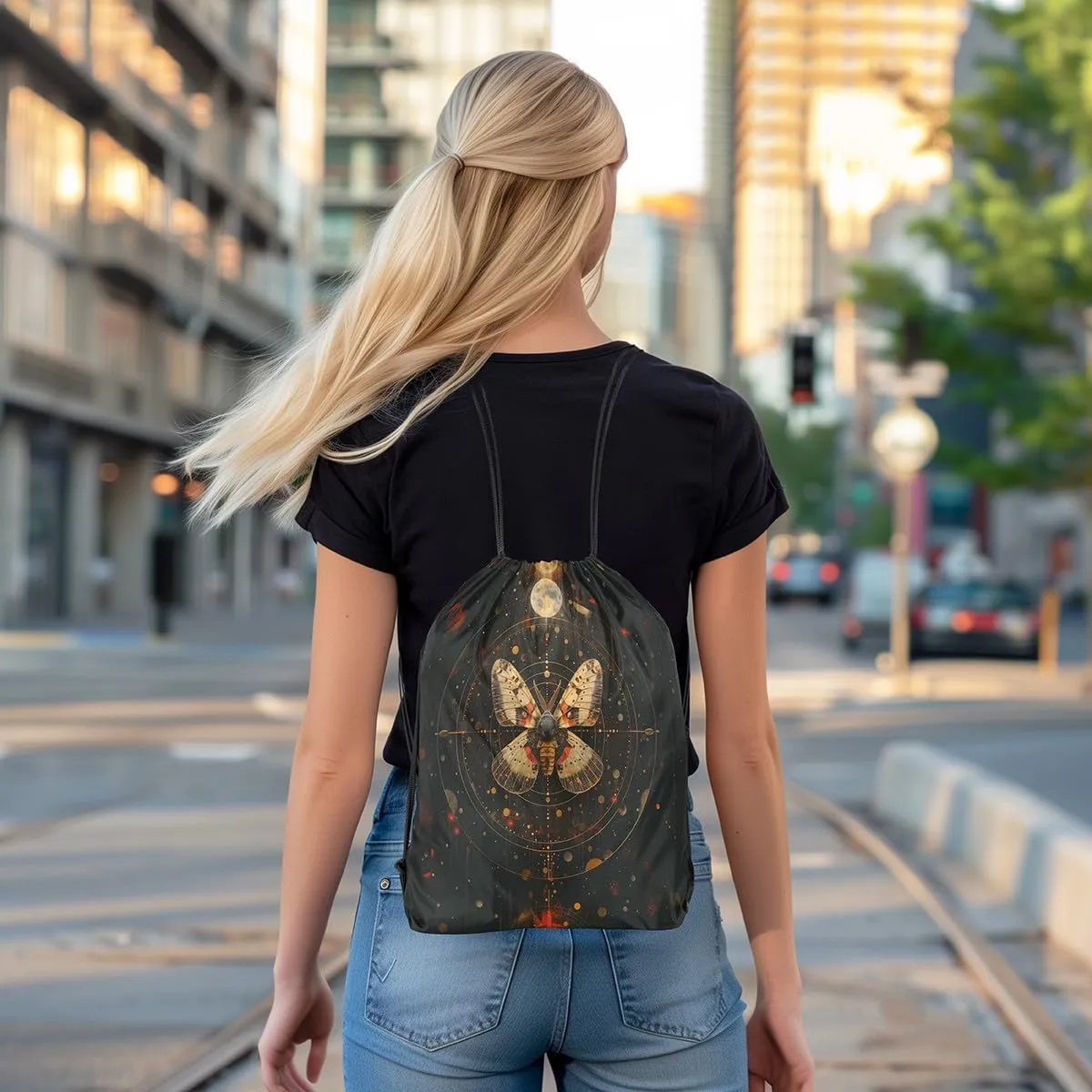 Feelyou Butterfly Gym String Bag Set Boho Moth Drawstring Backpack Gold Dots Moon Sports Drawstring Sackpack Boho Exotic Moon Star Drawstring Bags