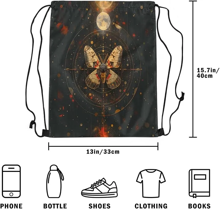 Feelyou Butterfly Gym String Bag Set Boho Moth Drawstring Backpack Gold Dots Moon Sports Drawstring Sackpack Boho Exotic Moon Star Drawstring Bags