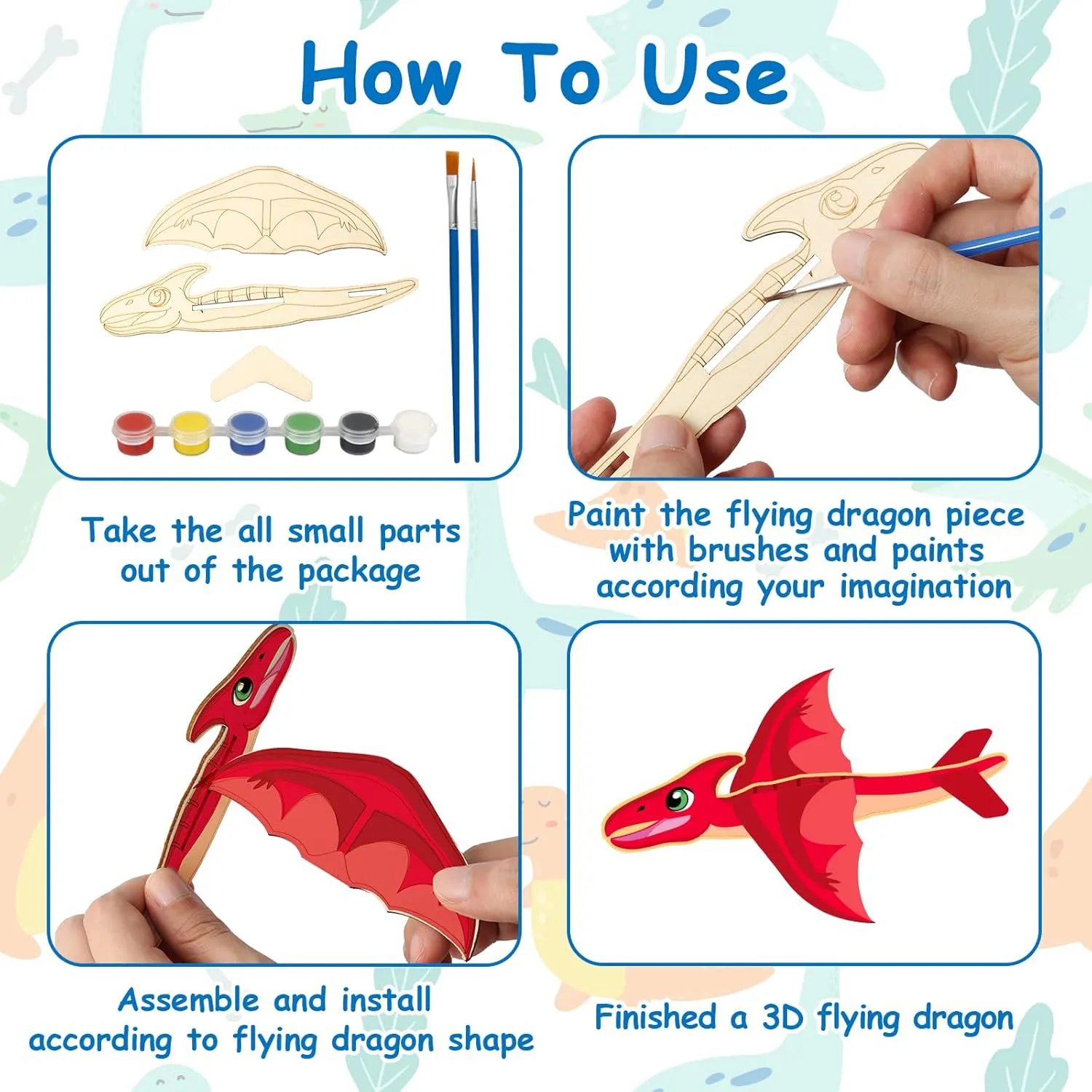 Fennoral 14 Pack Wooden Dragon Craft for Kids Make Your Own 3D Dragon kit for Boys Girls DIY Paint Wood Craft for School Art Activity Kids Birthday Gifts