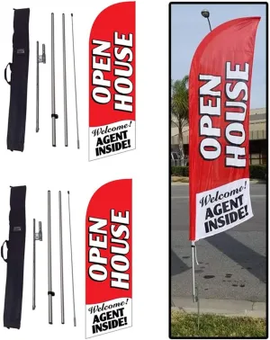 FFN 2-Pack of Red 8ft Open House Feather Banner Flag Kits, Includes Flag Poles, Ground Stakes, and Travel Bags, Outdoor Yard Lawn Signs for Real Estate Agents