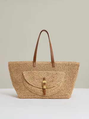 Flap-Pocket Raffia Tote Bag in Natural