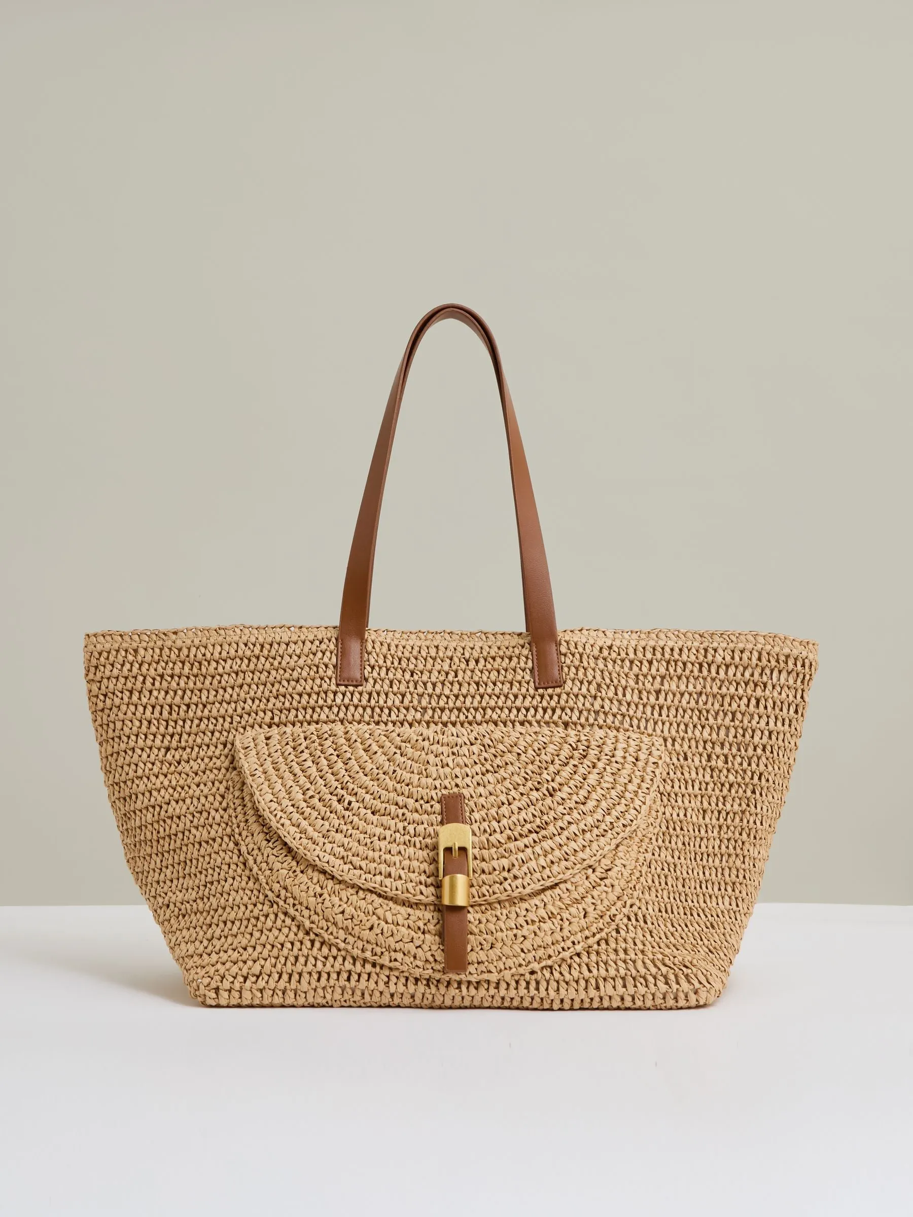 Flap-Pocket Raffia Tote Bag in Natural