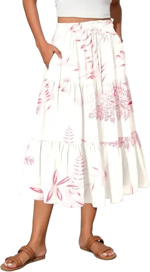Floral Midi Length Skirt Casual Work Flowy A Line Skirts Summer Comfy Business Casual Outfits