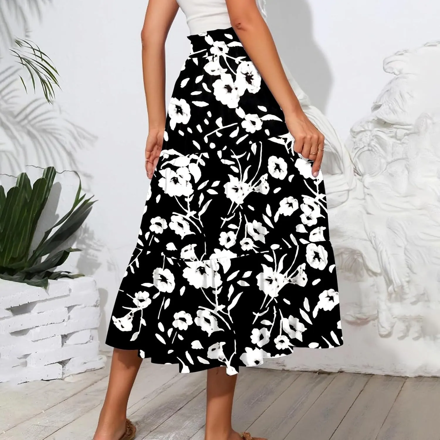 Floral Midi Length Skirt Casual Work Flowy A Line Skirts Summer Comfy Business Casual Outfits