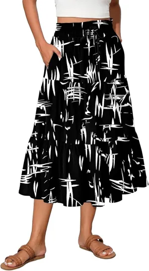 Floral Midi Length Skirt Casual Work Flowy A Line Skirts Summer Comfy Business Casual Outfits
