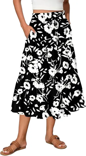 Floral Midi Length Skirt Casual Work Flowy A Line Skirts Summer Comfy Business Casual Outfits