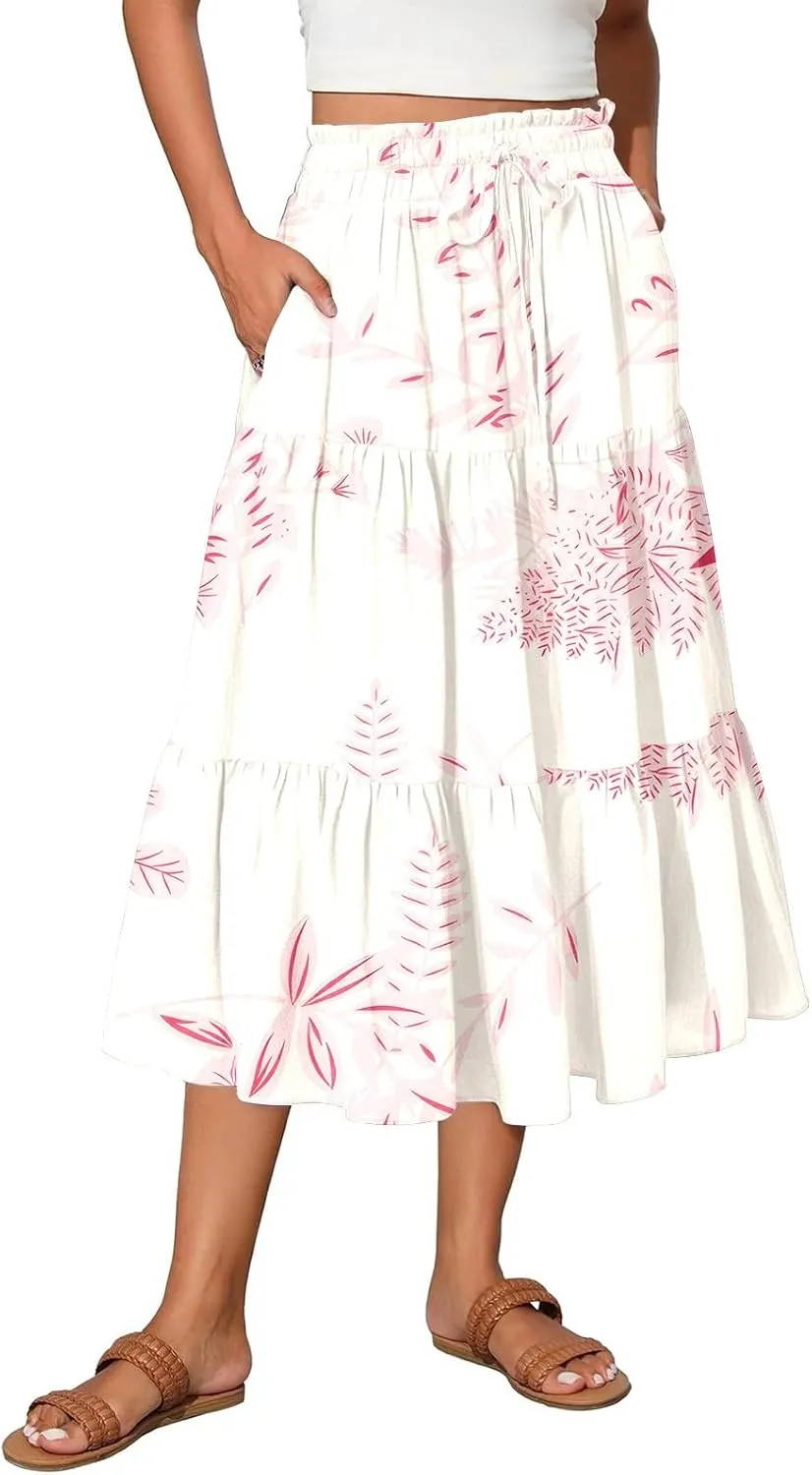 Floral Midi Length Skirt Casual Work Flowy A Line Skirts Summer Comfy Business Casual Outfits