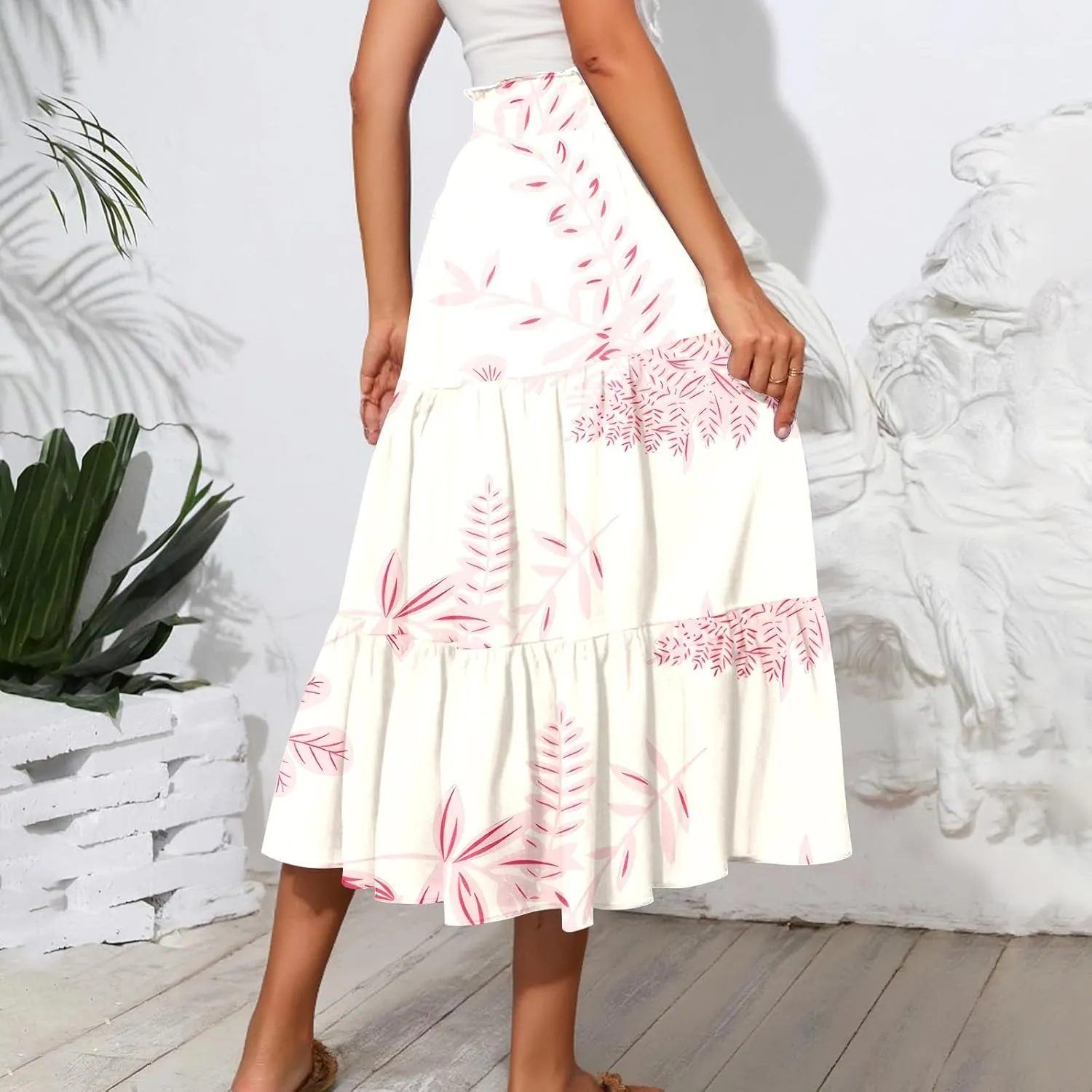 Floral Midi Length Skirt Casual Work Flowy A Line Skirts Summer Comfy Business Casual Outfits