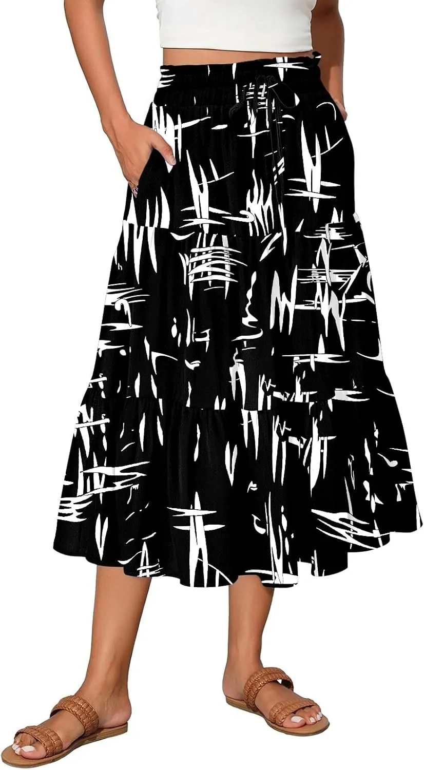 Floral Midi Length Skirt Casual Work Flowy A Line Skirts Summer Comfy Business Casual Outfits