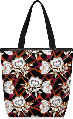 Flower Ethnic Pattern Canvas Tote Bag for Women Medium Exotic Shoulder Bag with Zipper and Pockets for College Work Travel Shopping Grocery Bag