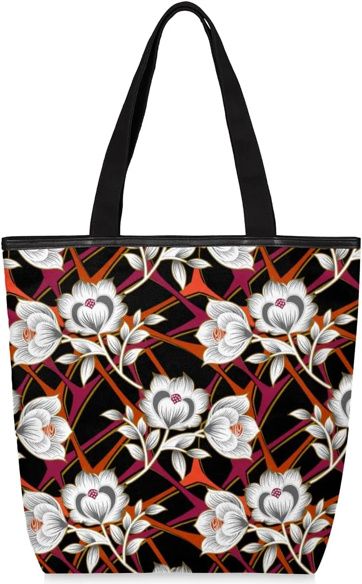 Flower Ethnic Pattern Canvas Tote Bag for Women Medium Exotic Shoulder Bag with Zipper and Pockets for College Work Travel Shopping Grocery Bag
