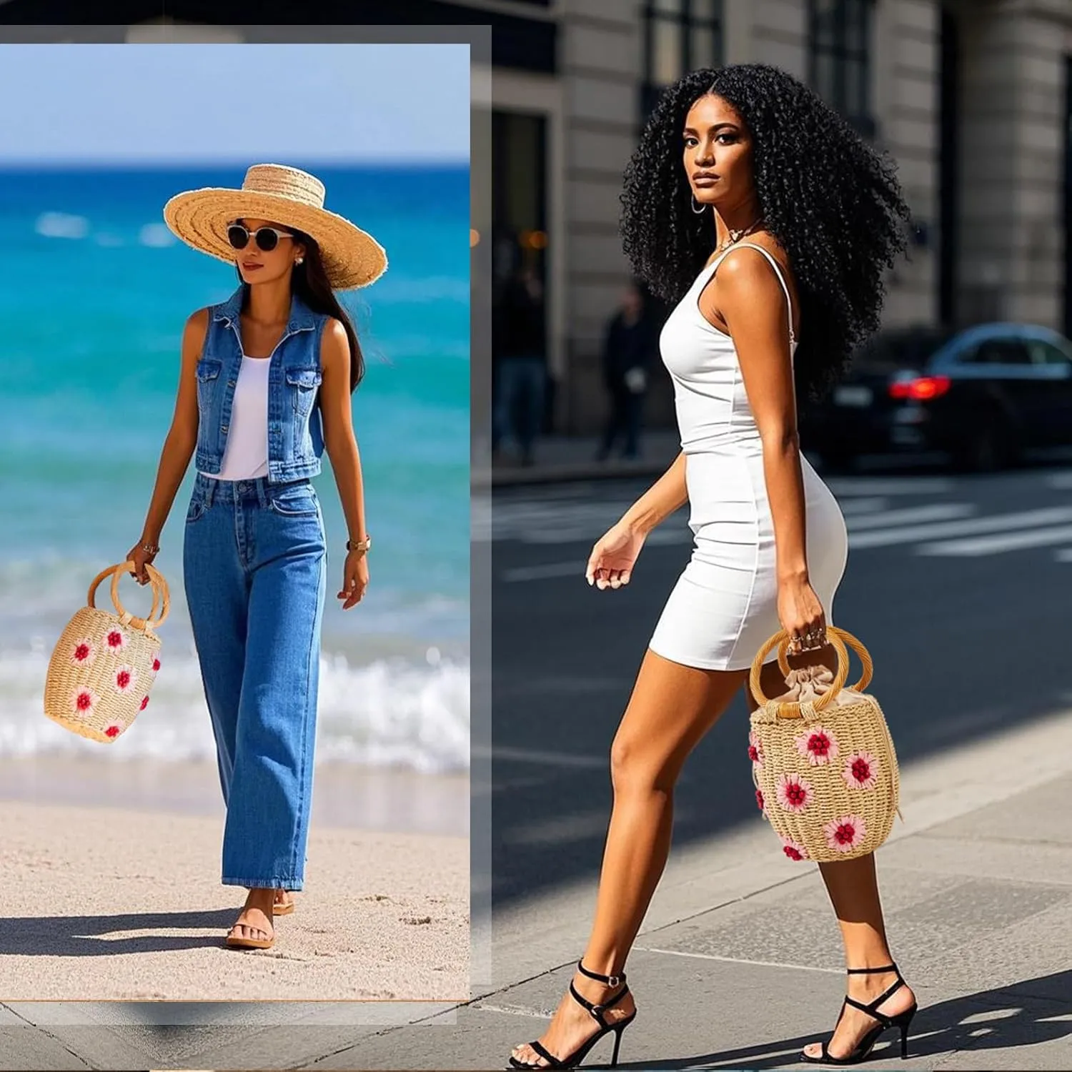 Flower Pearls Rattan Tote Bag Summer Beach Drawstring Straw Bucket Bag Diamonds Woven Handbag