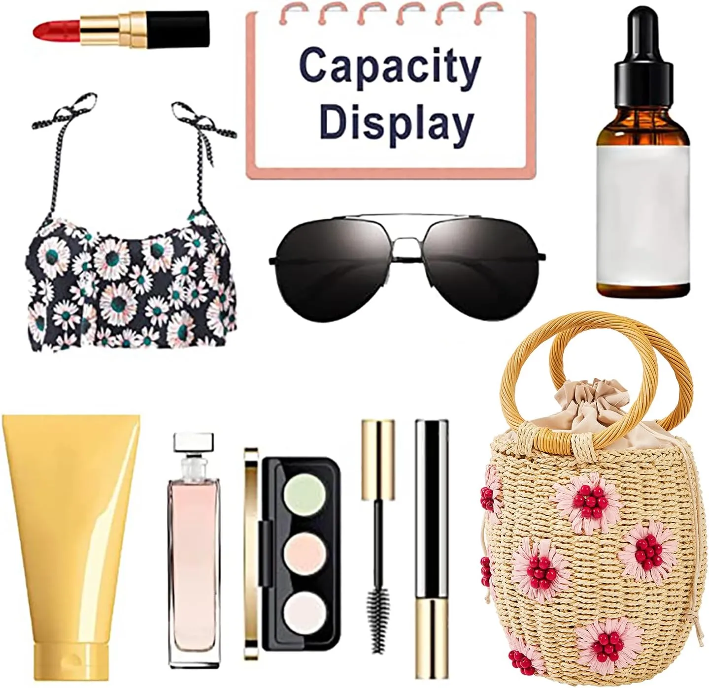 Flower Pearls Rattan Tote Bag Summer Beach Drawstring Straw Bucket Bag Diamonds Woven Handbag