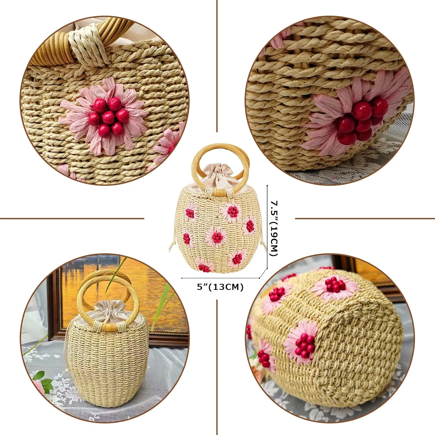 Flower Pearls Rattan Tote Bag Summer Beach Drawstring Straw Bucket Bag Diamonds Woven Handbag