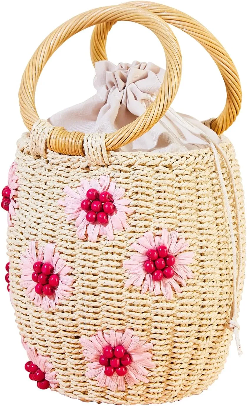 Flower Pearls Rattan Tote Bag Summer Beach Drawstring Straw Bucket Bag Diamonds Woven Handbag