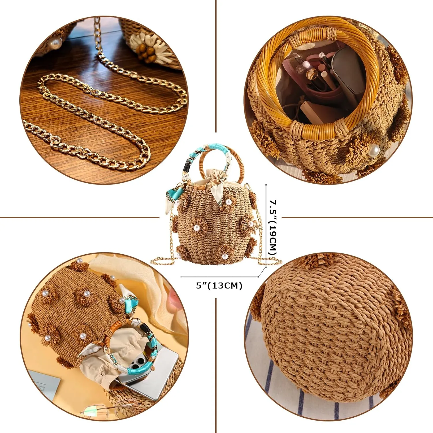 Flower Pearls Rattan Tote Bag Summer Beach Drawstring Straw Bucket Bag Diamonds Woven Handbag