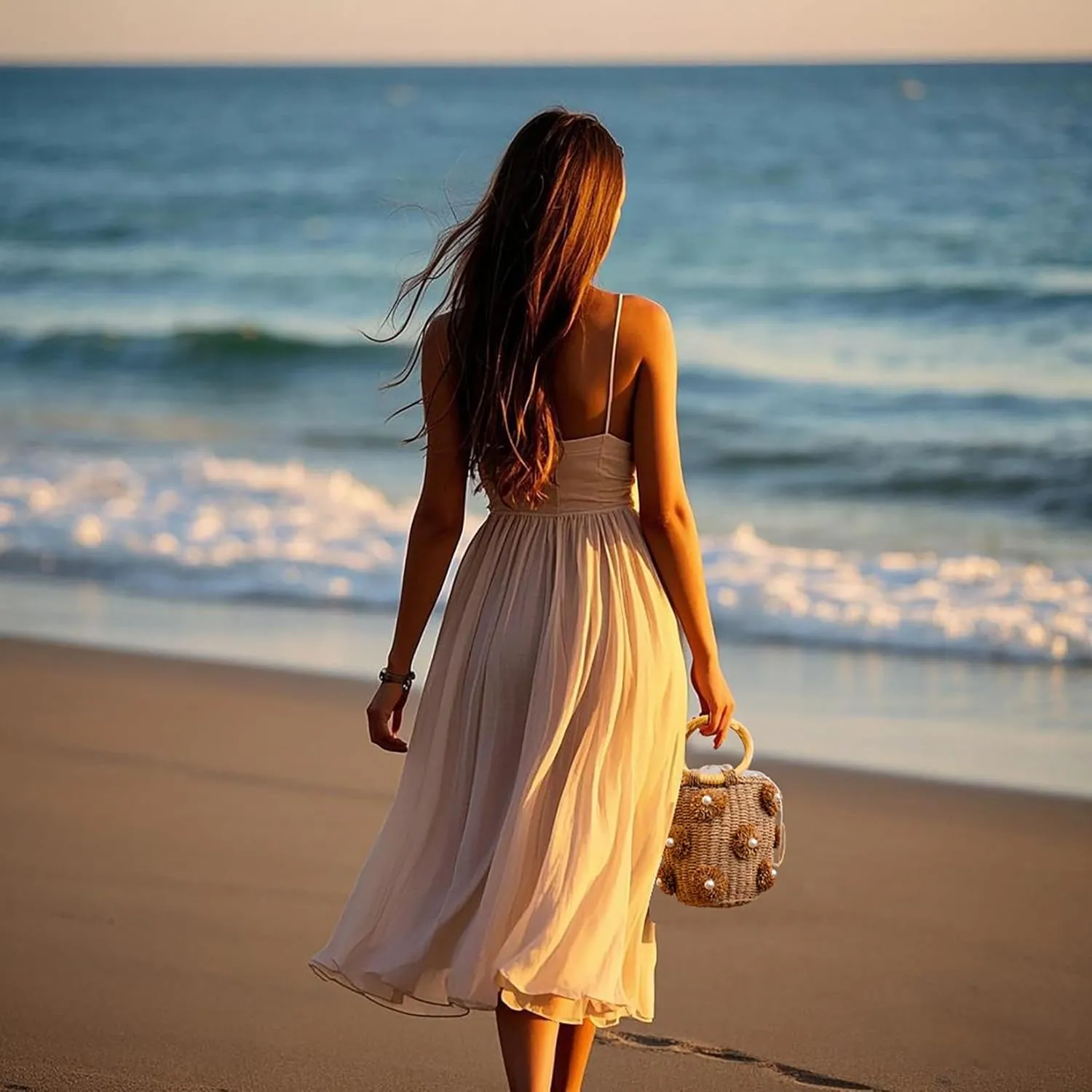 Flower Pearls Rattan Tote Bag Summer Beach Drawstring Straw Bucket Bag Diamonds Woven Handbag