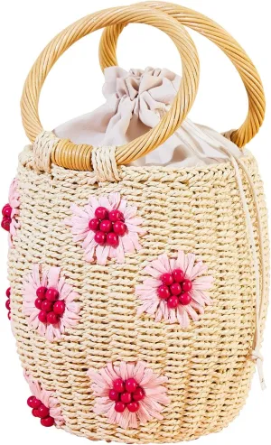Flower Pearls Rattan Tote Bag Summer Beach Drawstring Straw Bucket Bag Diamonds Woven Handbag
