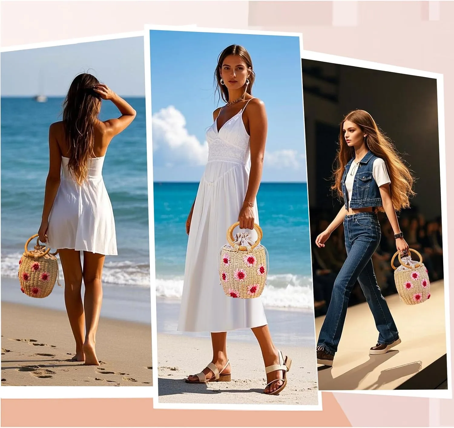 Flower Pearls Rattan Tote Bag Summer Beach Drawstring Straw Bucket Bag Diamonds Woven Handbag