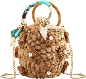 Flower Pearls Rattan Tote Bag Summer Beach Drawstring Straw Bucket Bag Diamonds Woven Handbag