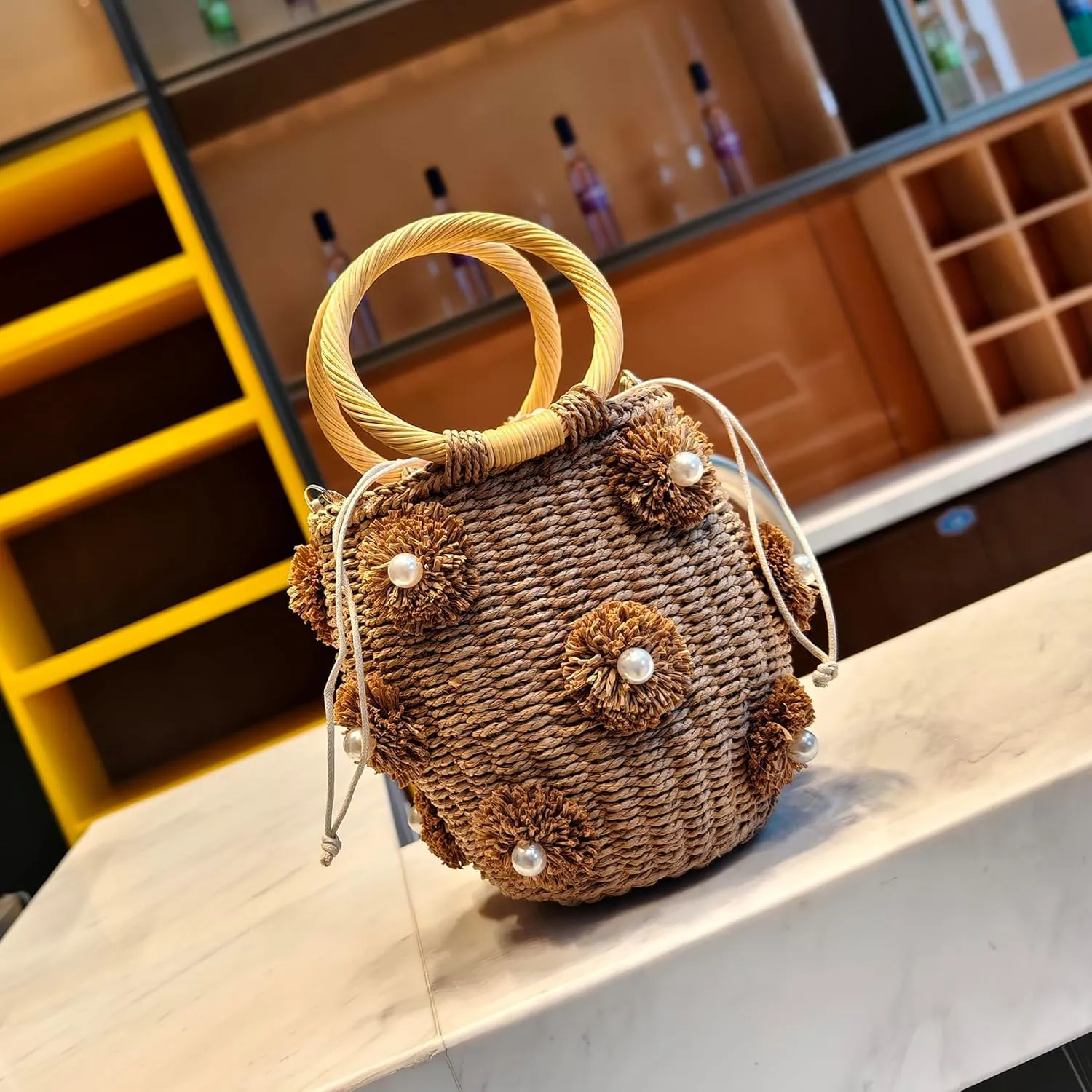 Flower Pearls Rattan Tote Bag Summer Beach Drawstring Straw Bucket Bag Diamonds Woven Handbag