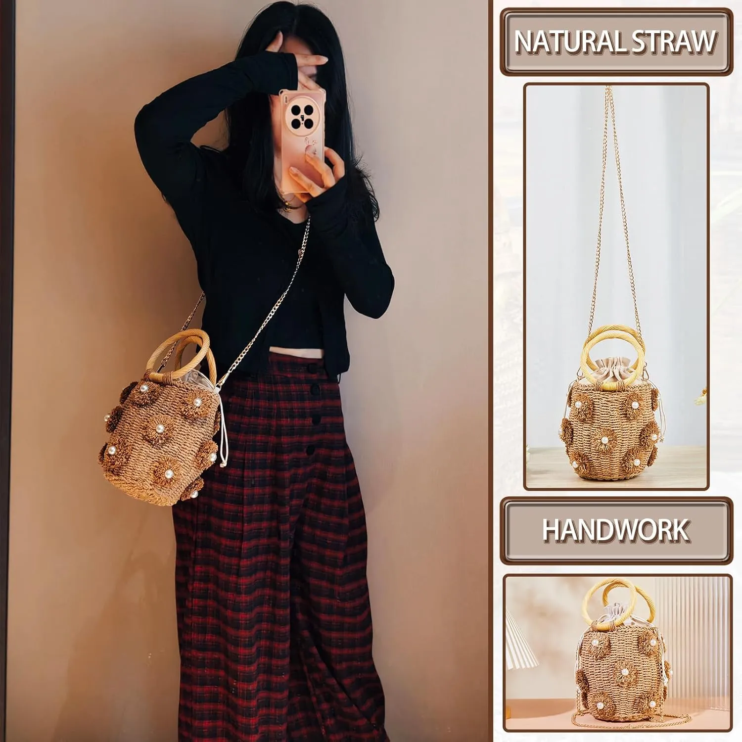 Flower Pearls Rattan Tote Bag Summer Beach Drawstring Straw Bucket Bag Diamonds Woven Handbag