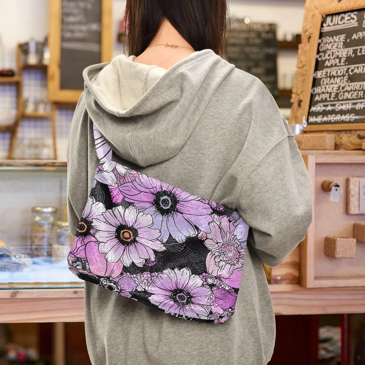 Flowers Colorful Cartoon Womens Shoulder Bags, Shoulder Tote Bag with Zipper, Autumn Handbags