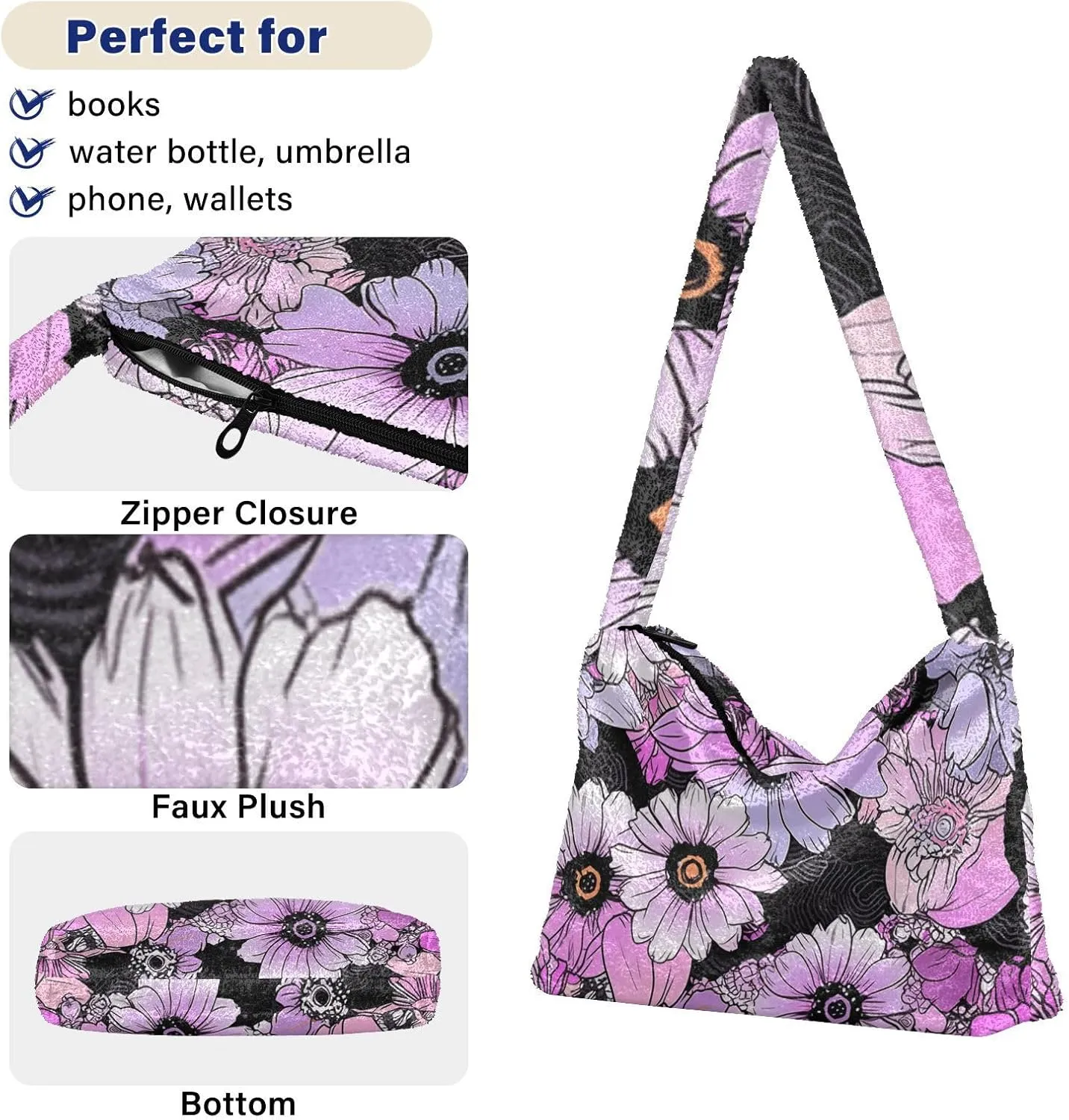 Flowers Colorful Cartoon Womens Shoulder Bags, Shoulder Tote Bag with Zipper, Autumn Handbags