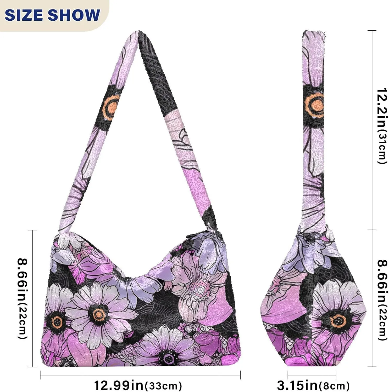 Flowers Colorful Cartoon Womens Shoulder Bags, Shoulder Tote Bag with Zipper, Autumn Handbags