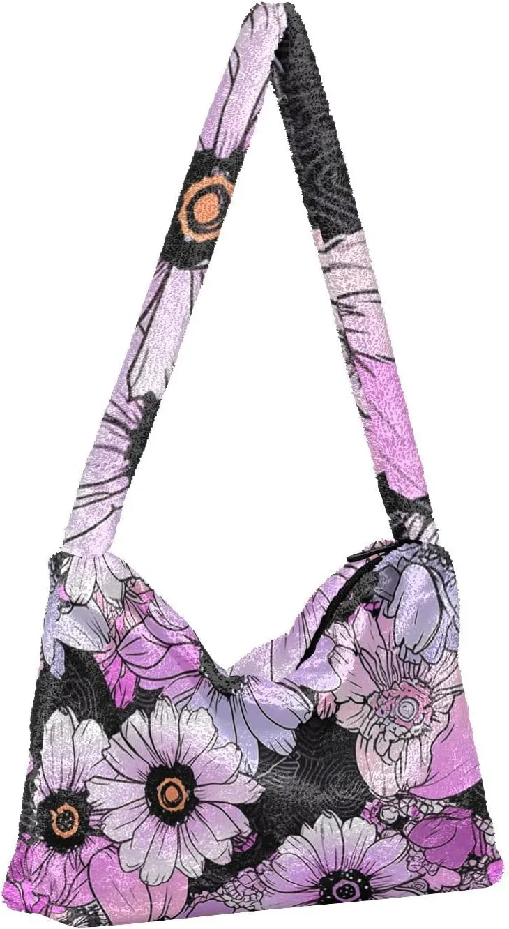 Flowers Colorful Cartoon Womens Shoulder Bags, Shoulder Tote Bag with Zipper, Autumn Handbags