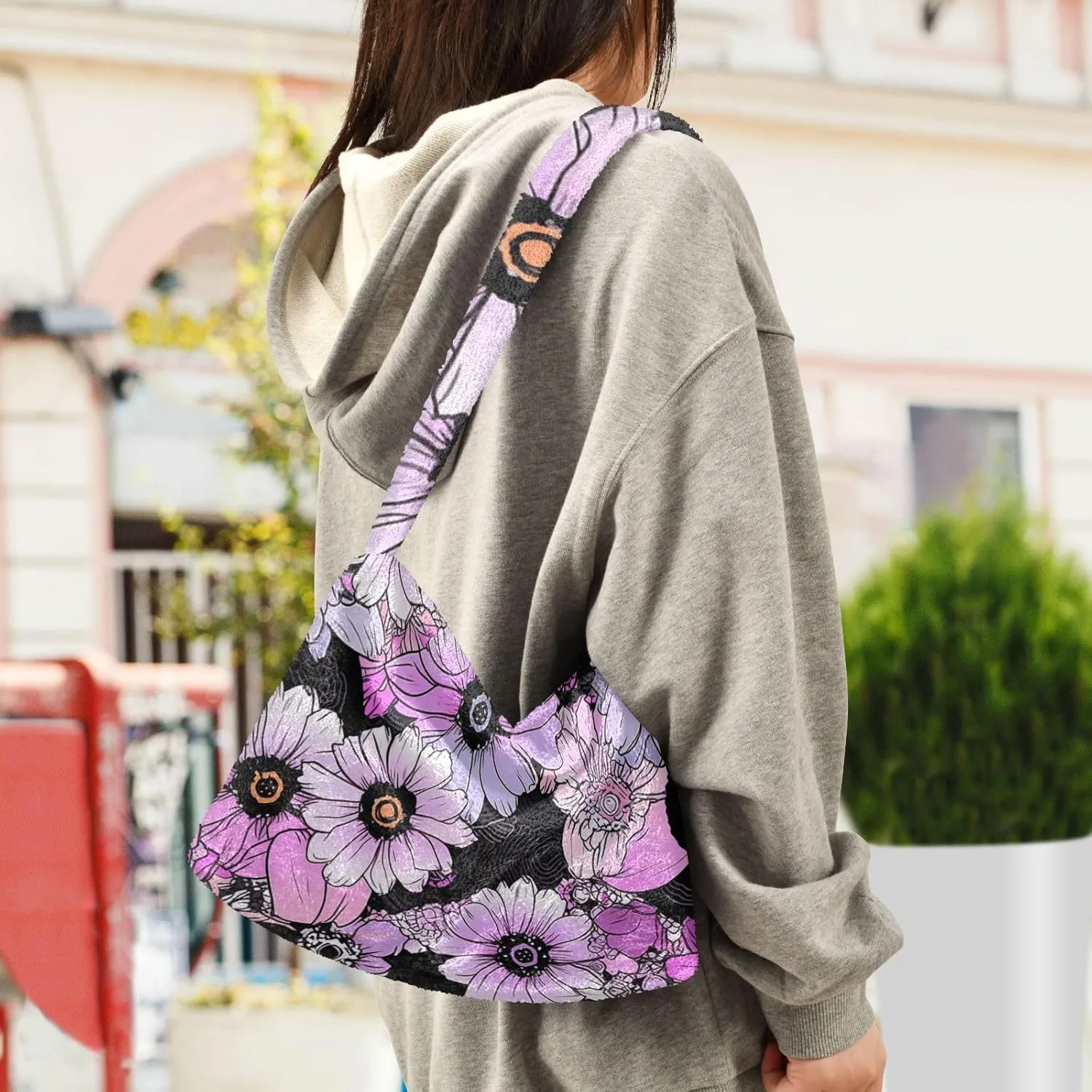 Flowers Colorful Cartoon Womens Shoulder Bags, Shoulder Tote Bag with Zipper, Autumn Handbags