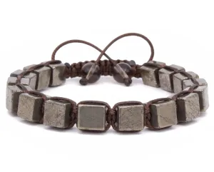 Fools Gold, Iron Pyrite Cube Shaped Beaded Men's Bracelet Gemstone Shamballa Inspired Energy Macrame Wrap Bracelet Crux Crystals Gift for Him