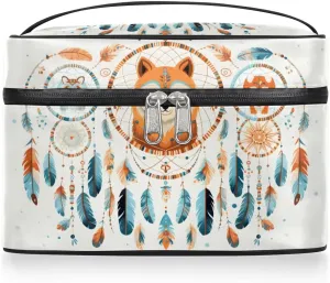 Fox Feather Makeup Bag,Dream Catcher Portable Cosmetic Bag, Large Capacity Travel Toiletry Bag Wash Bag with Compartments and Handles- Cosmetic Case Organizer for Ladies Traveling